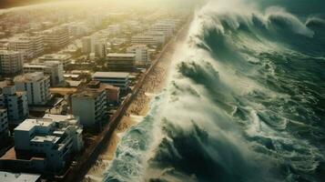 tsunami träffar strandlinje med massiv Vinka översvämning foto