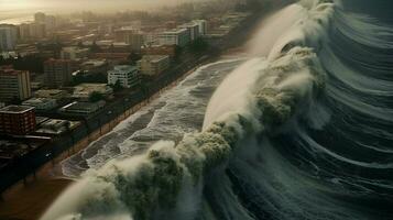 tsunami träffar strandlinje med massiv Vinka översvämning foto