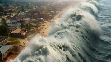 tsunami träffar strandlinje med massiv Vinka översvämning foto