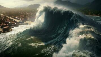 tsunami Vinka rullar mot strandlinje smetning de foto