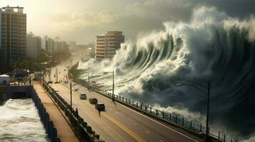 tsunami vågor krascha mot lång sjövägg skydda foto