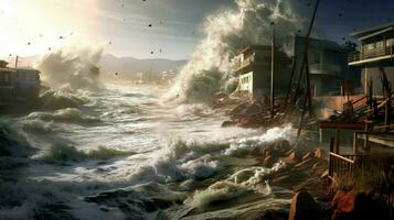 tsunami vågor krascha till Strand och brott kust foto