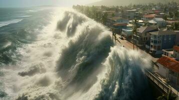 tsunami vågor kraschar över sjöväggar och vallar i foto