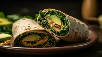 vegan slå in smörgås med hummus grönt och avokado foto