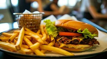 veggie burger och sida av frites från snabb mat foto