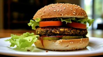 veggie burger på fullkorn bulle med sallad tomat foto