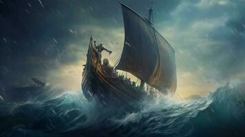 se av viking fartyg segling över stormig hav med foto