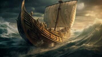 viking fartyg i stormig hav vågor kraschar mot foto