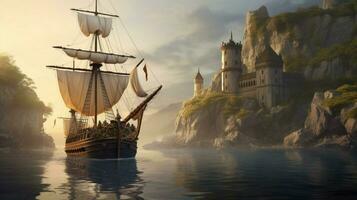 viking fartyg segling över gammal slott med drag foto