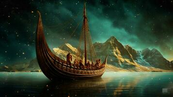 viking fartyg segel bland de stjärnor med majestätisk v foto
