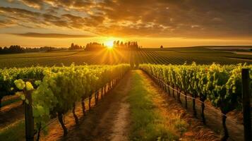 vingård med rader av vinstockar på solnedgång omgiven foto