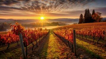 vingård med se av färgrik höst soluppgång och foto