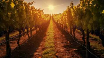 vingård med bred rader av vinstockar och Sol lysande foto