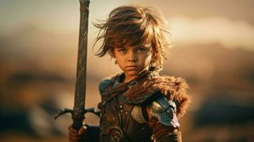 krigare barn med svärd gaming fiktiv värld foto