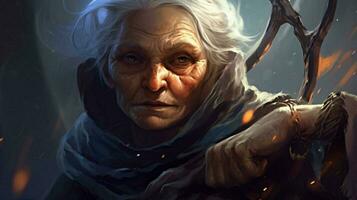 krigare gammal kvinna gaming fiktiv värld foto