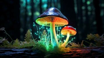 lysande bakgrundsbelyst lysande skog svamp neon ljus foto