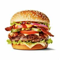 en fotorealistisk hamburguer med bacon sallad kött foto