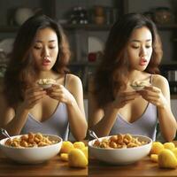 produkt skott av asiatisk ung kvinna är äter diet foto