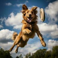 en dynamisk hund fångst en frisbee i luften foto