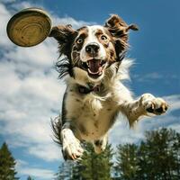 en dynamisk hund fångst en frisbee i luften foto