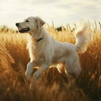 en graciös hund dansande genom en fält foto