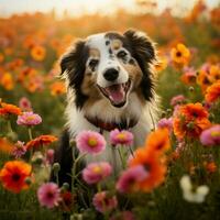 en Lycklig hund sola i en fält av blommor foto