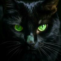 mystisk svart katt med genomträngande grön ögon foto
