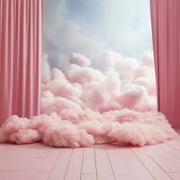 en bomull godis rosa bakgrund med fluffig moln foto