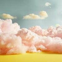 en bomull godis gul bakgrund med fluffig moln foto
