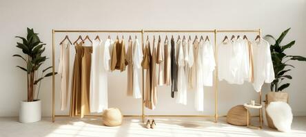 minimalistisk beige kvinna mode klänning kläder boutique, ai foto