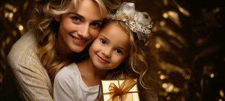 mor dotter bindning närvarande gåva guld tema jul, ai foto
