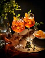 Foto av några aperol spritz dryck elegant pläterad på en tabell. generativ ai
