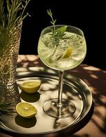 Foto av några gin och tonic dryck elegant pläterad på en tabell. generativ ai