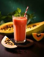 Foto av några papaya smoothie dryck elegant pläterad på en tabell. generativ ai