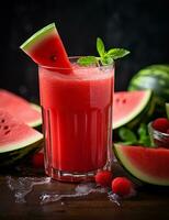 Foto av några vattenmelon juice dryck elegant pläterad på en tabell. generativ ai