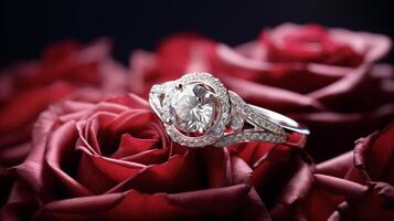 fotografera ett elegant engagemang ringa terar en strålnings diamant inbäddat inom en säng av rosor. generativ ai foto