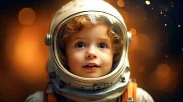 söt liten pojke är klädd i astronaut kostym och hans ögon är full av nyfikenhet. generativ ai foto
