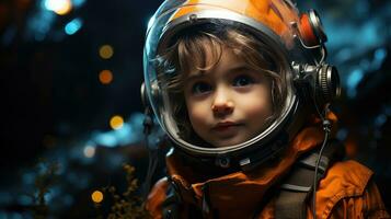 söt liten pojke är klädd i astronaut kostym och hans ögon är full av nyfikenhet. generativ ai foto