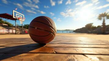 basketboll domstol och basketboll boll liggande på de jord isolerat på de bakgrund. generativ ai foto