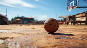 basketboll domstol och basketboll boll liggande på de jord isolerat på de bakgrund. generativ ai foto