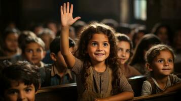 barn ivrigt höja deras händer till svar i klass. generativ ai foto