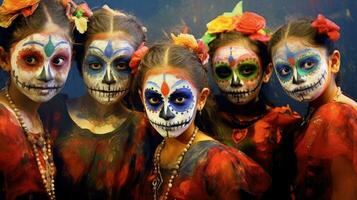barn målning deras ansikten för halloween. generativ ai foto