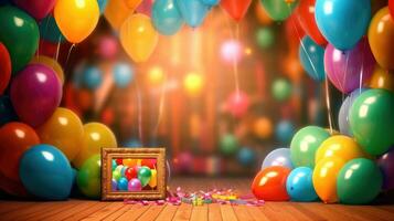 färgrik ballonger smyckande de sidor och en med födelsedagstema miljö. generativ ai foto