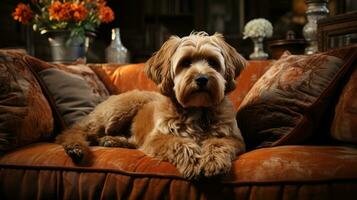 sällskapsdjur hund liggande graciöst på soffa på Hem, ögon lysande med tillfredsställelse. generativ ai foto