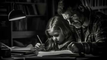 en far och dotter lyckligt håller på med deras läxa tillsammans. generativ ai foto