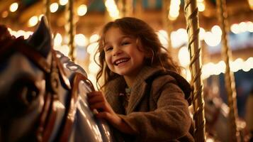 de glädje av en ung flicka ridning en rör på sig merry-go-round. generativ ai foto