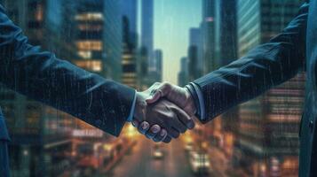 handslag begrepp symboliserar avtal efter ett Viktig företag handla. generativ ai foto