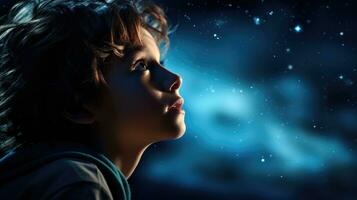 en barnets förvånande ögonblick som han blickar på de universum på en månljus natt. generativ ai foto