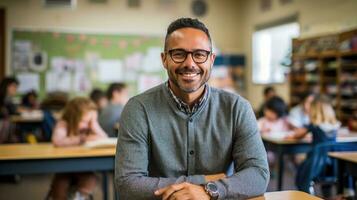 Lycklig manlig lärare i ett elementärt skola klassrum. generativ ai foto