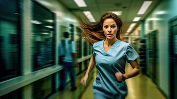 de kvinna läkare löpning nervöst i de sjukhus korridor. generativ ai foto